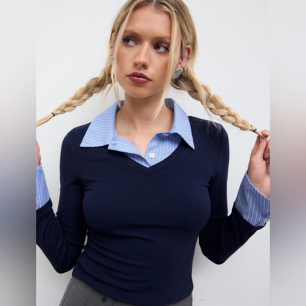 CIDER COTTON-BLEND COLLAR STRIPE TWO TONE TOP - xxs